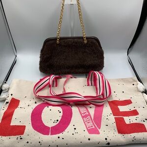 Victoria’s Secret red pink graphic canvas beach tote/faux fur gold chain purse
